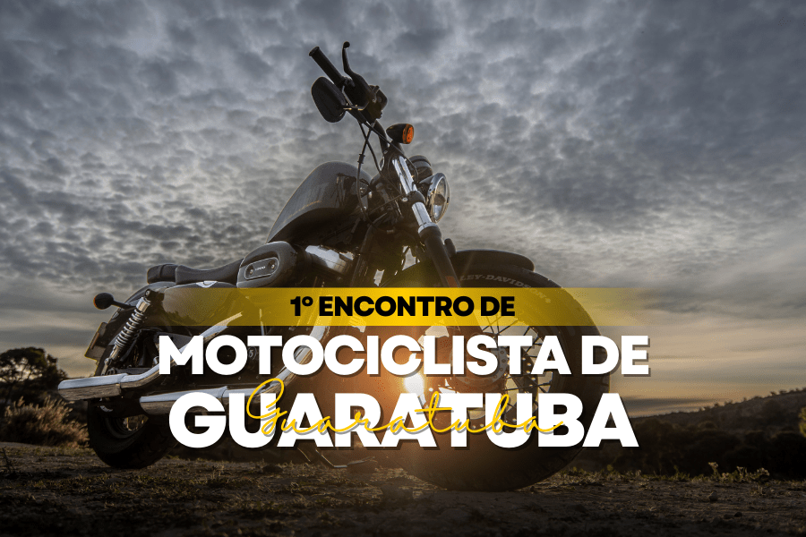 Imagem de uma moto com um céu atrás na cor cinza, e um letreiro escrito 1º encontro de motociclista de guaratuba