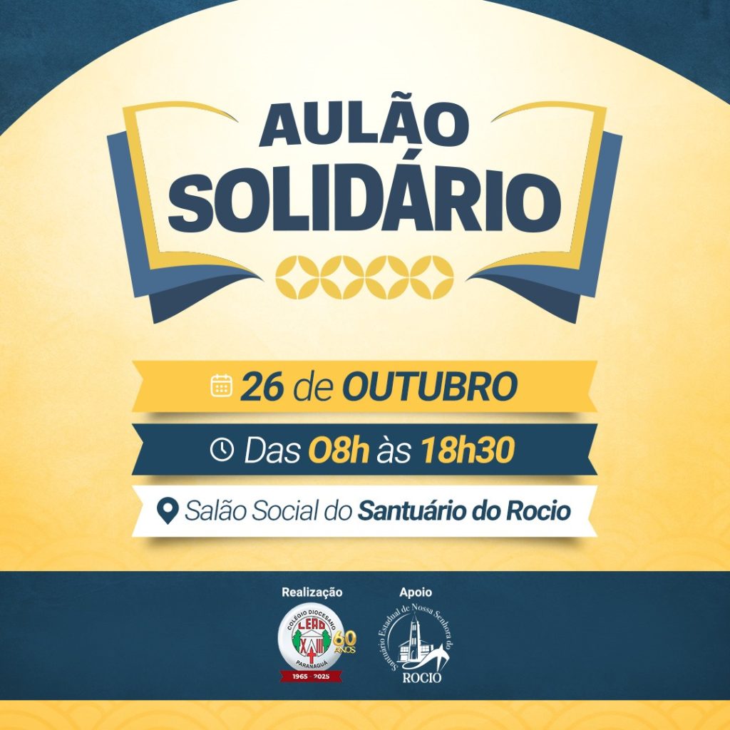 No dia 26 de outubro, das 8h às 18h30, ocorrerá o “Aulão Solidário – ENEM 2025”, no Salão Social do Santuário Nossa Senhora do Rocio