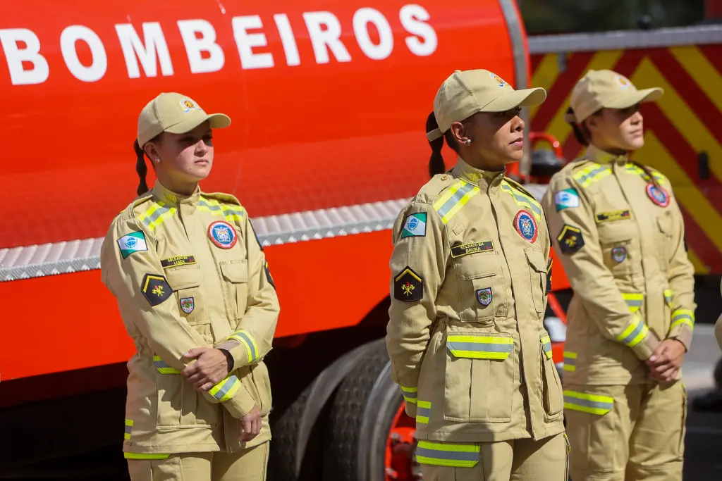 Grupo de bombeiros em uniforme, prontos para a ação ao lado de um caminhão de combate a incêndio. Eles são essenciais para a segurança pública. Governador anuncia concurso público com 2.600 vagas para PM e Corpo de Bombeiros
