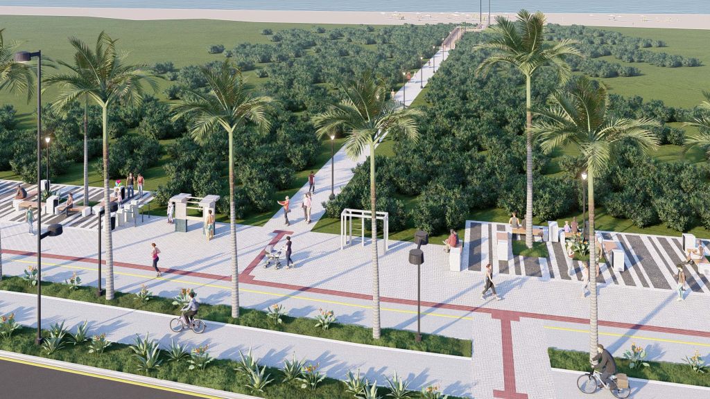 Imagem de um calçadão com palm trees, ciclistas e pedestres em um projeto de revitalização urbana, ideal para atividades ao ar livre.  Com emissão de Licença Prévia, Estado avança na fase 2 da requalificação da Orla de Pontal