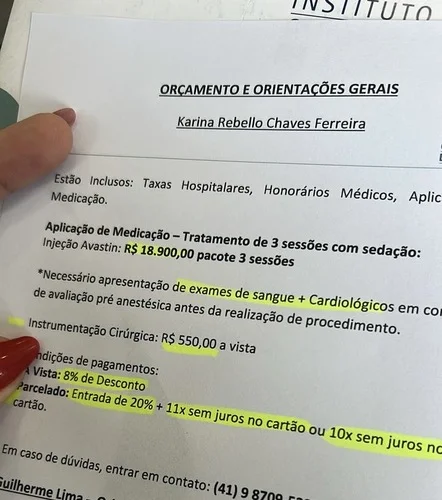 Documento de orçamento e orientações gerais com detalhes sobre aplicação de medicação e exames necessários, assinado por Karina Rebello Chaves Ferreira. Jovem realiza vaquinha para auxiliar no pagamento do tratamento de Degeneração Macular
