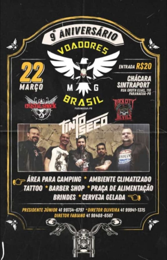 Cartaz do 9º Aniversário do Voador MG Brasil, evento com atrações como bandas, área de camping, barbearia, e muito mais em Paranaguá-PR. 9.º Aniversário do Motoclube Voadores Brasil acontece na Chácara Sintraport
