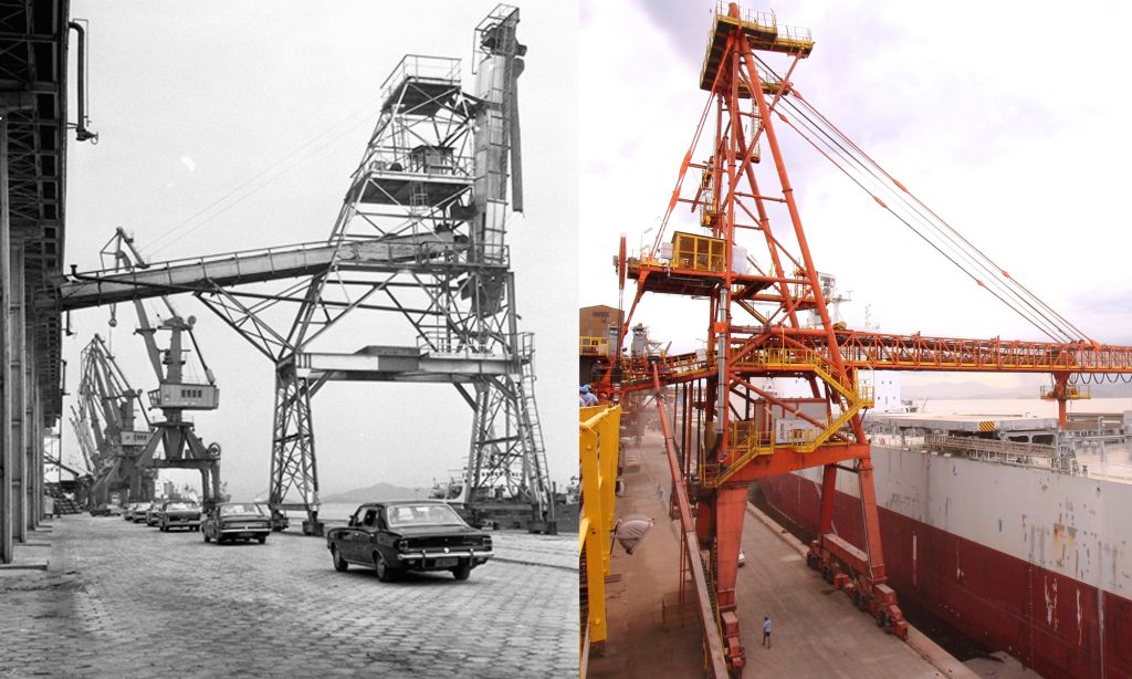 Portos do Paraná: 90 anos de história impulsionando o desenvolvimento de Paranaguá 8 Comparação entre um porto no passado e o presente, mostrando guindastes e instalações portuárias em evolução. Portos do Paraná: 90 anos de história impulsionando o desenvolvimento de Paranaguá