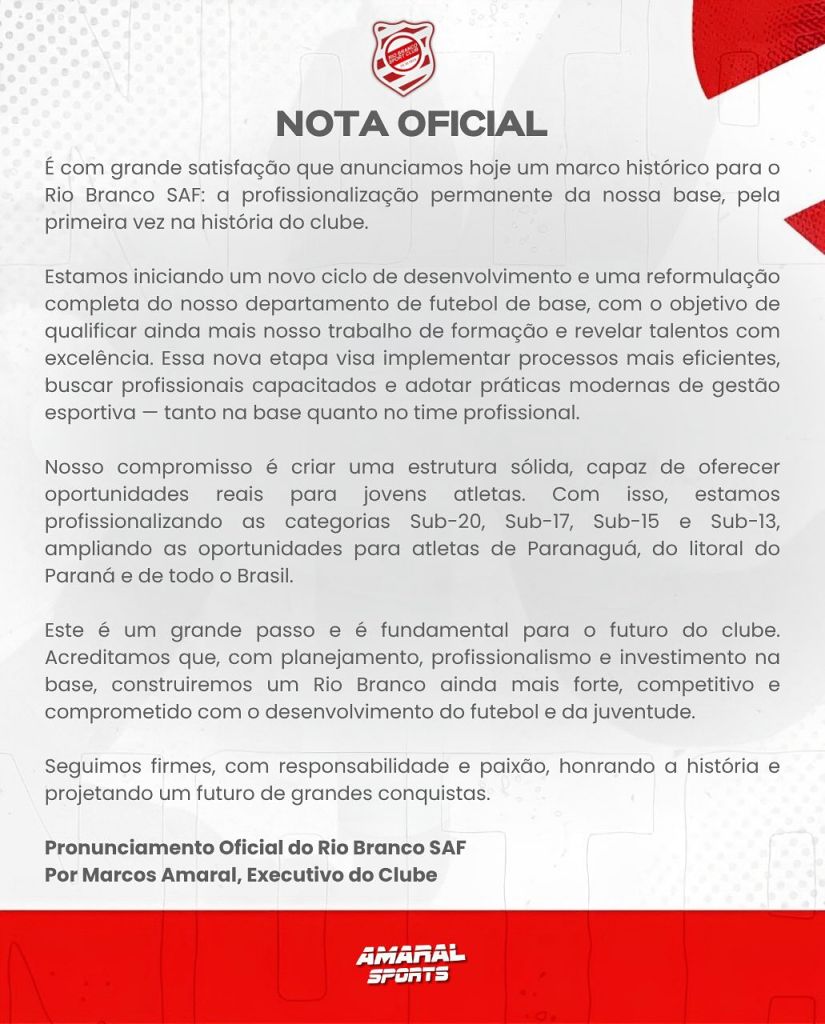 Rio Branco Sport Club profissionaliza a sua base pela primeira vez na história do clube 2 2nota oficial do rio branco