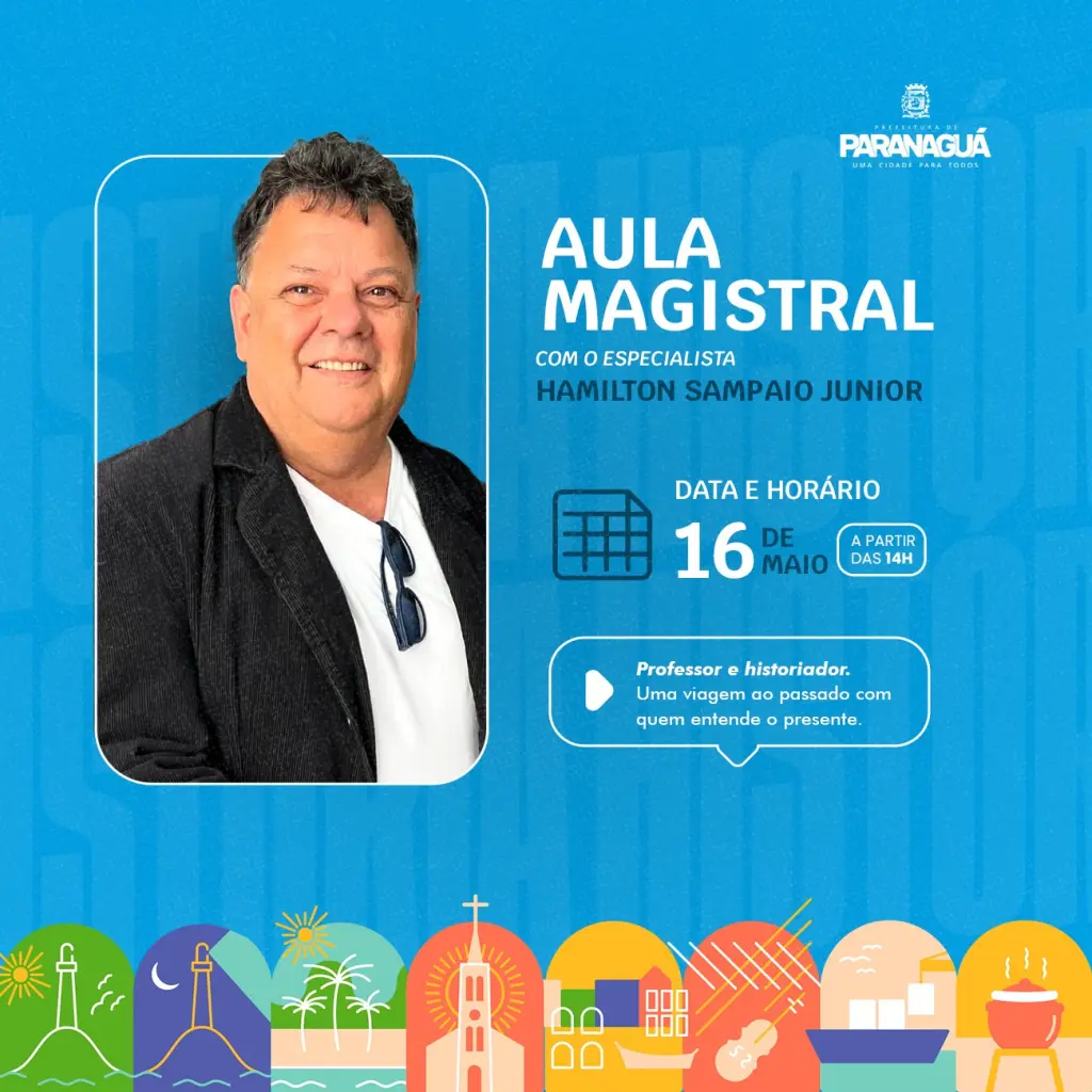 Historiador ministrará aula magistral gratuita na Estação Ferroviária de Paranaguá 1 Hamilton abordará temas ligados à história e ao patrimônio cultural de Paranaguá. / Foto: Arte/Divulgação