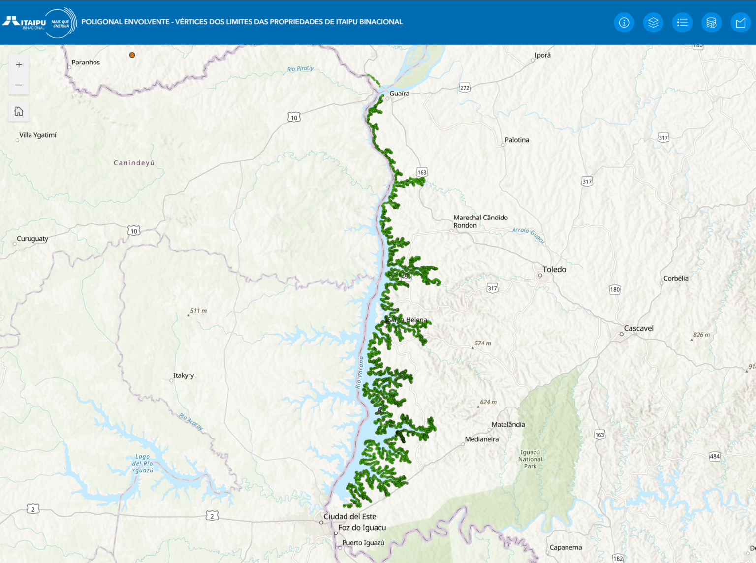 Itaipu lança site público com mapa interativo de coordenadas geodésicas das fronteiras do reservatório 1 Pontos da Poligonal Envolvente (PE) dentro da plataforma (Reprodução: Itaipu)