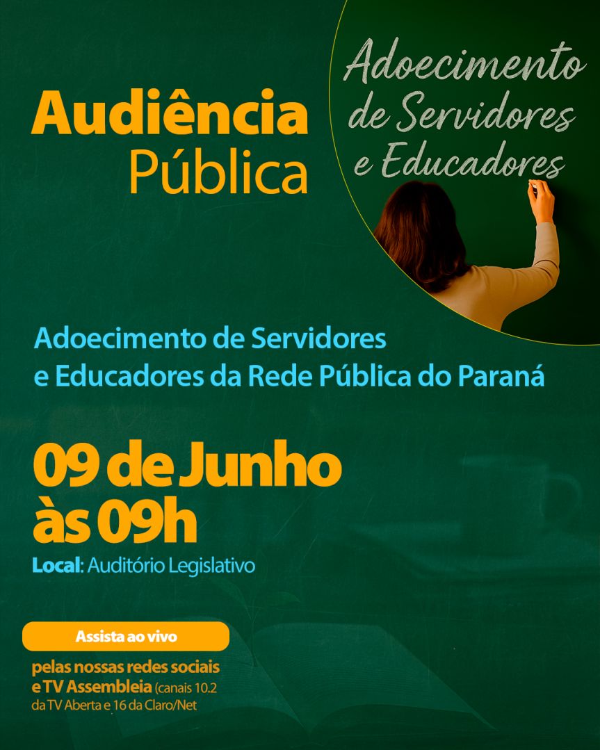 Audiência pública debate a saúde física e mental dos profissionais da educação no Paraná 1 O evento vai reunir pesquisadores, sindicatos, profissionais da educação e representantes de órgãos públicos, com o objetivo de expor dados, relatos e propor medidas concretas contra a precarização da carreira docente (Créditos: Arte: Rafael Guareski)