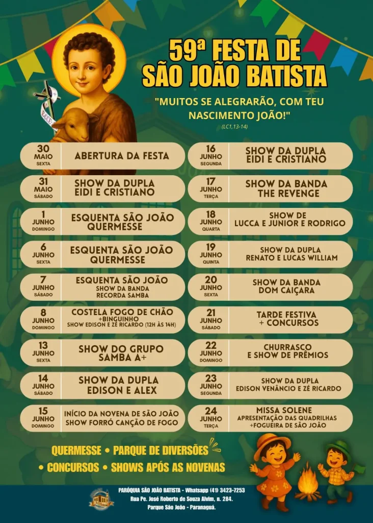 Novenário da 59.ª Festa de São João Batista inicia neste domingo em Paranaguá 3 programacao