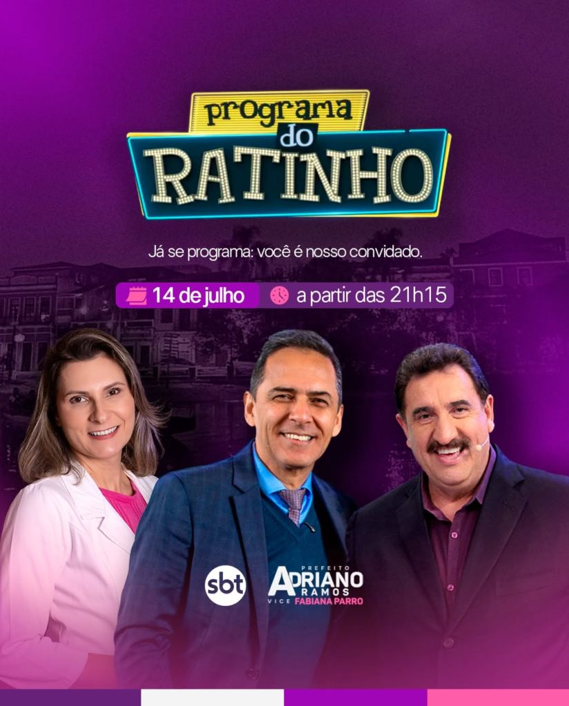 Prefeito Adriano Ramos e vice-prefeita Fabiana Parro estarão no Programa do Ratinho, no SBT, hoje 2 Hoje a partir das 21h15 no SBT. Faremos uma participacao especial no Programa do Ratinho pra f