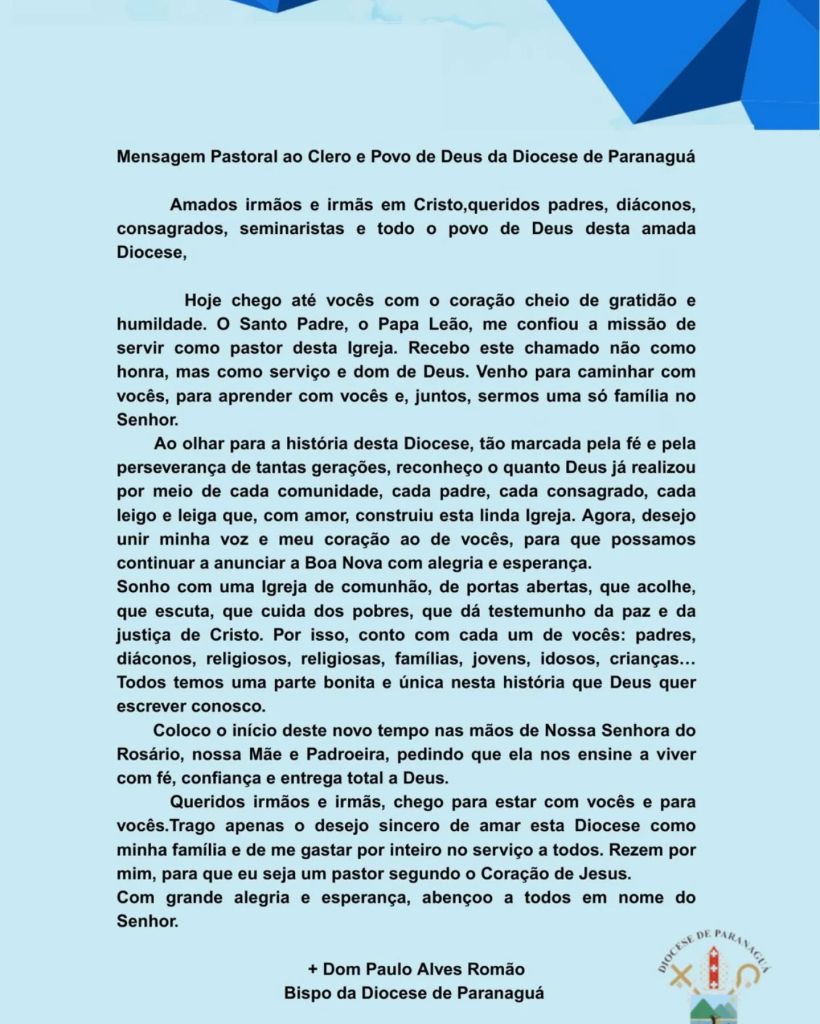 Dom Paulo Alves Romão emite suas primeiras palavras como novo bispo de Paranaguá 2 carta bispo