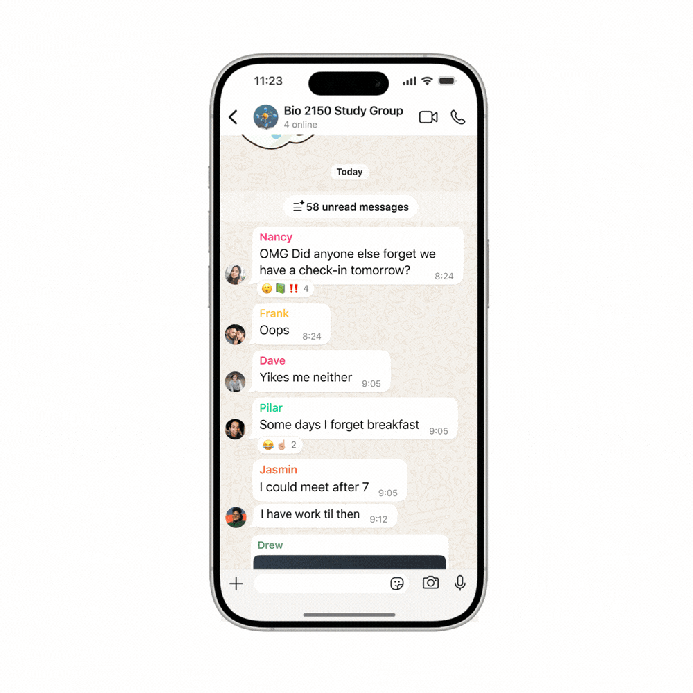 Imagem de telas de celular mostrando a funcionalidade da IA da Meta para resumir mensagens de aplicativos de mensagens como WhatsApp, destacando privacidade e eficiência.