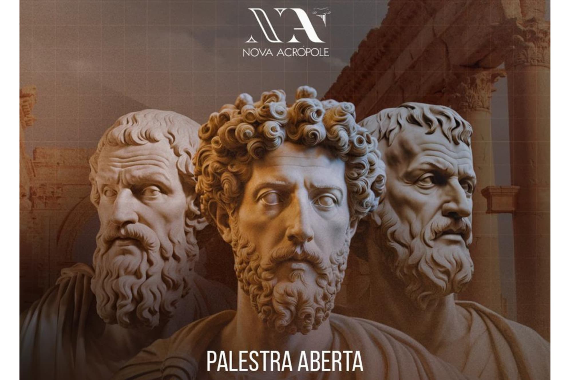Imagem de três esculturas clássicas de filósofos ou pensadores antigos, em destaque na Nova Acropole, representando o tema de palestra aberta sobre cultura, história e filosofia. Nova Acrópole realiza palestra gratuita sobre “Como Superar Seus Limites Internos”