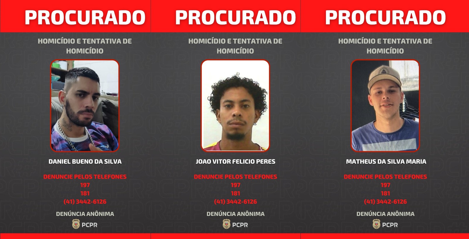 PCPR divulga foto de três homens foragidos por homicídio e tentativa de homicídio em Guaratuba 1 Os três homens estão envolvidos no homicídio de Emanuel Carlos Gonçalves, de 24 anos, ocorrido no dia 16 de fevereiro no bairro Carvoeiro (Foto: PCPR)