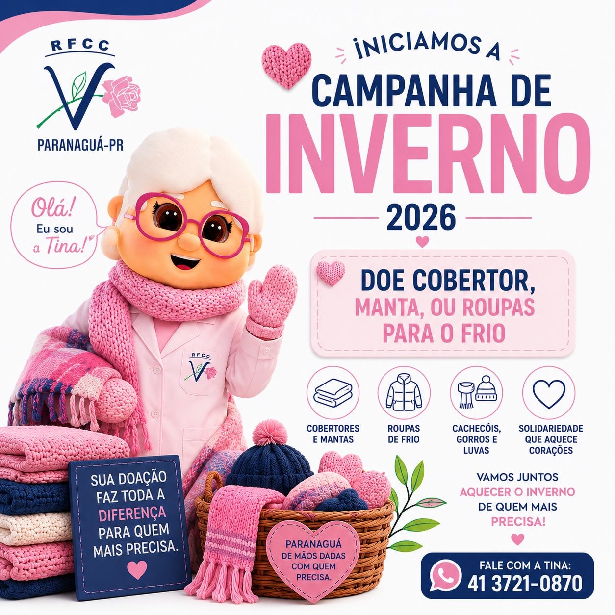 Dona mantas, colchas, abrigos y ropa de invierno en buen estado. Las donaciones pueden entregarse en Casa Rosa, en Rua Princesa Isabel, nº 526, Costeira. Para más información, contacta por teléfono o WhatsApp al (41) 3721-0870 (Artículo: RFCC).