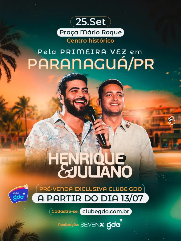 Dupla Henrique & Juliano fará show no dia 25 de setembro em Paranaguá 2 O anúncio foi feito pela GDO Produções (Foto: Arte/Divulgação - GDO Produções)