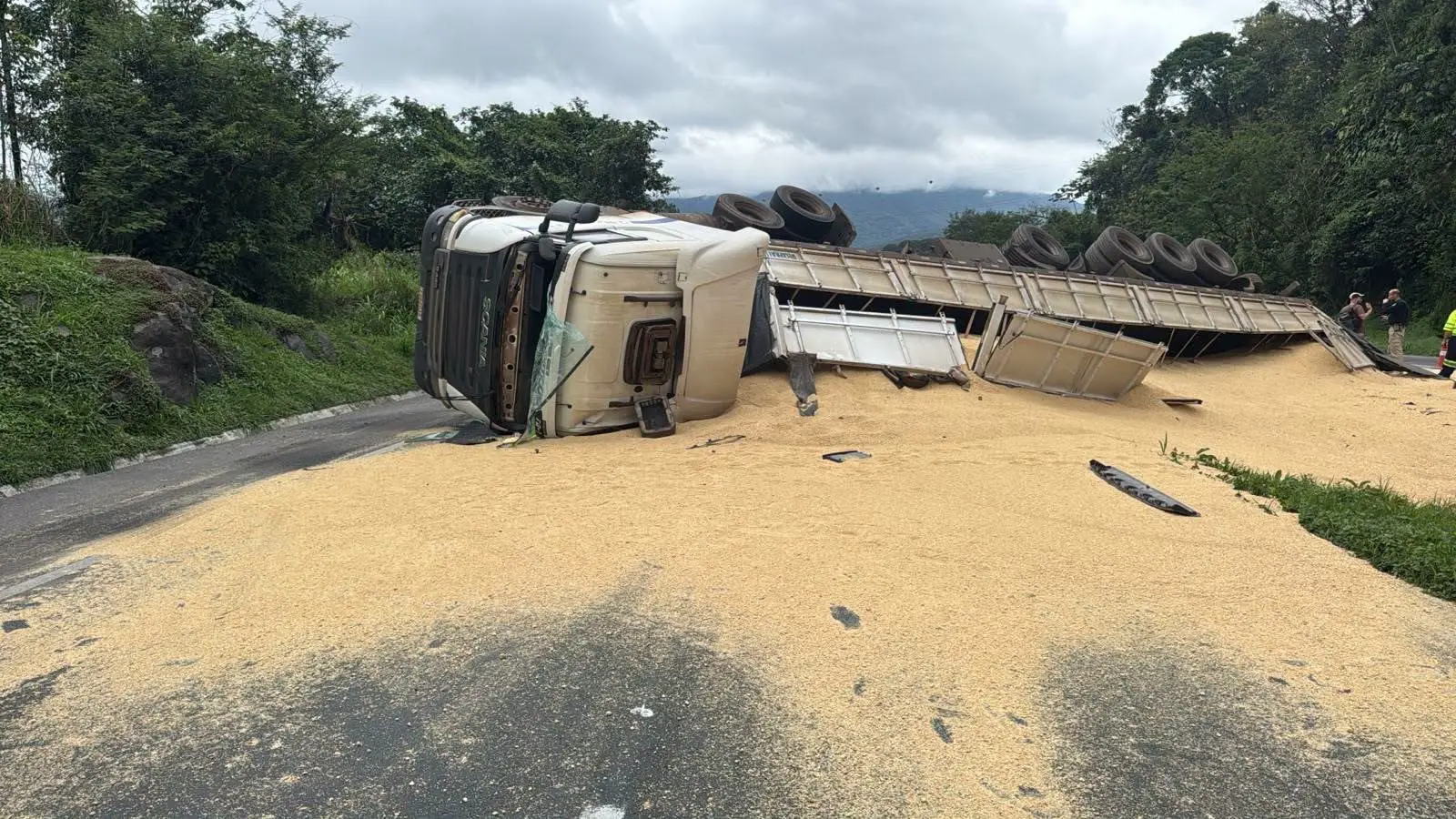 Caminhão carregado com farelo de soja tomba na BR-277, em Alexandra 1 O tombamento aconteceu nas pistas sentido porto da BR-277, na região da Pixirica, proximidades do KM-9, no bairro Alexandra, em Paranaguá- Foto: Redes Sociais